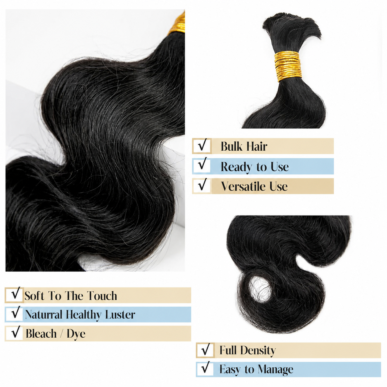 Boho Hair Bulk Virgin Remy Human Hair for Boho Braids, Body Wave Bulk for Braiding Bohemian Knotless Braids 100g #1B Natural Color