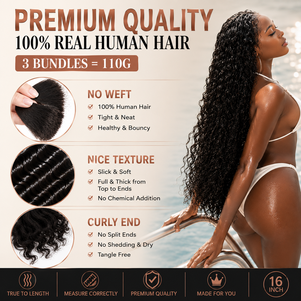 Boho Hair Bulk Virgin Remy Human Hair for Boho Braids, Deep Wave Bulk for Braiding Bohemian Knotless Braids 100g #1B Natural Color