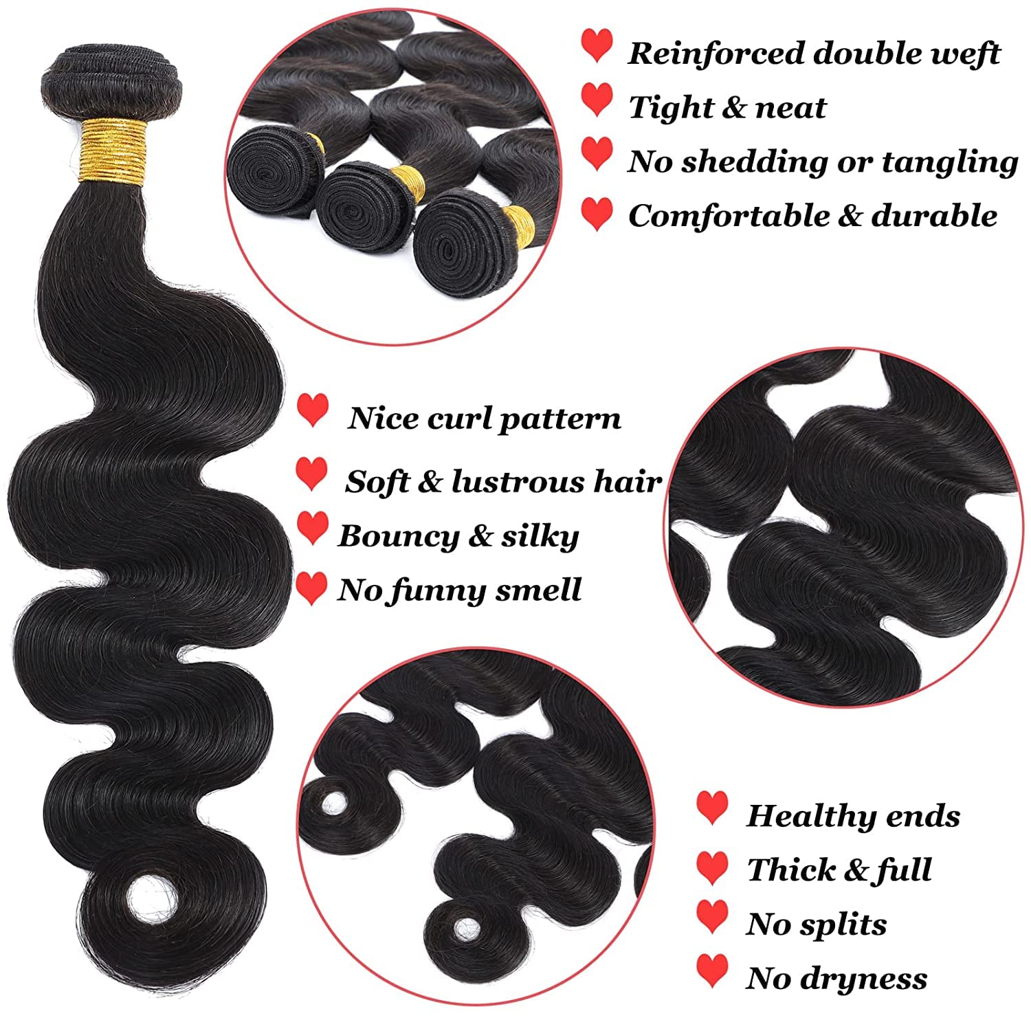 100% Virgin Human Hair Bundles Body Wave Silky Soft Sew-In Weave Brazilian Hair Weft 100g