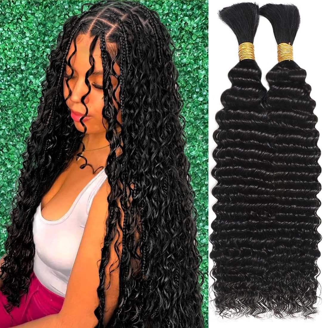 Virgin Remy Braiding Human Hair for Boho Braids, Full End Deep Wave Bulk for Braiding Bohemian Knotless Braids 100g #1B Natural Color