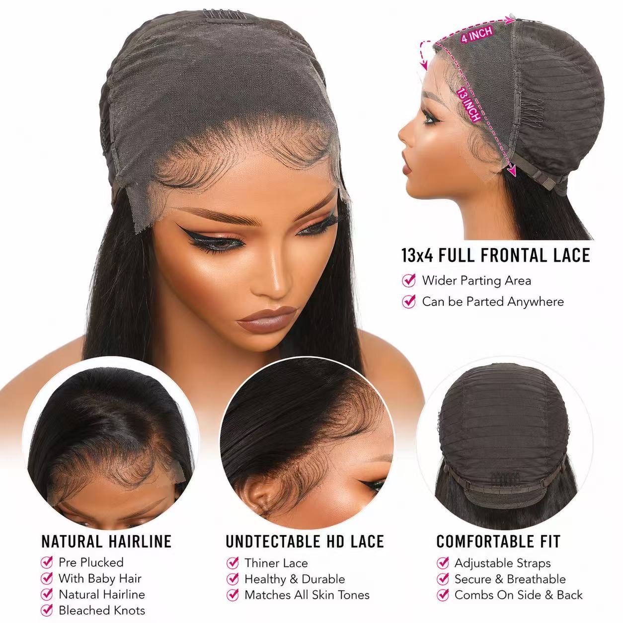 180% Density HD Lace 13x4 Lace Front Wig Straight Virgin Human Hair Natural Color Silky Soft Brazilian Hair Wigs