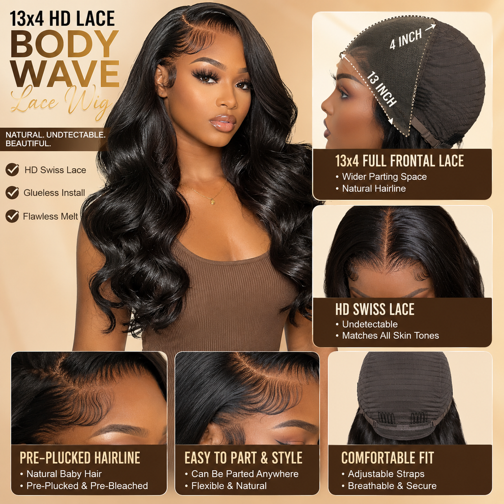 180% Density HD Lace 13x4 Lace Front Wig Body Wave Virgin Human Hair Natural Color Silky Soft Brazilian Hair Wigs